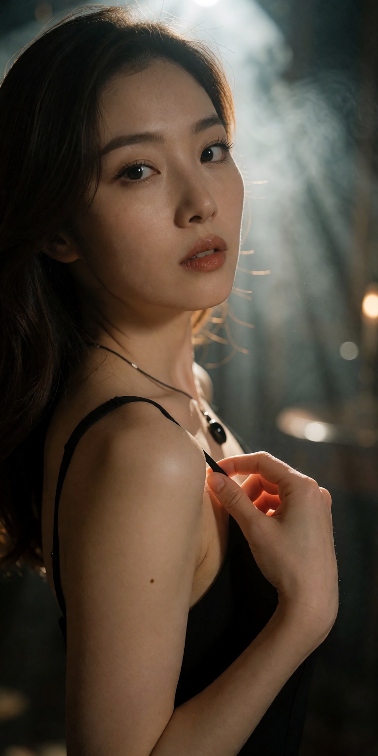 Fine-art DSLR fashion portrait of an elegant East Asian woman. Dynamic over-the-shoulder perspective,  close-up camera dis...
