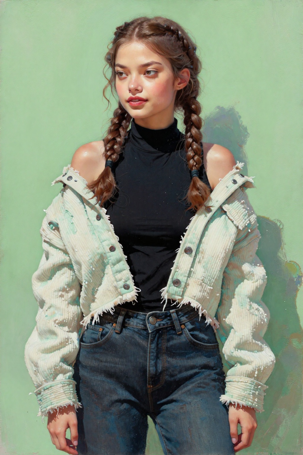 detailed gouache painting featuring a young woman,  2/3 angle,  focus on the face on Tensor.Art