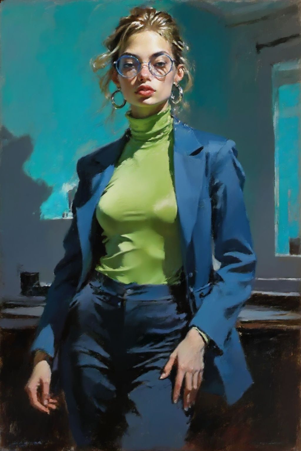 detailed gouache painting featuring a young woman,  with dark blond hair,  eye-level medium-shot on Tensor.Art