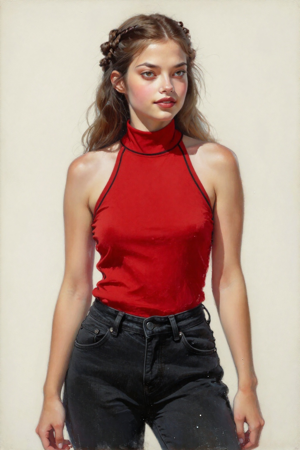 detailed gouache painting featuring a young woman,  2/3 angle,  focus on the face on Tensor.Art