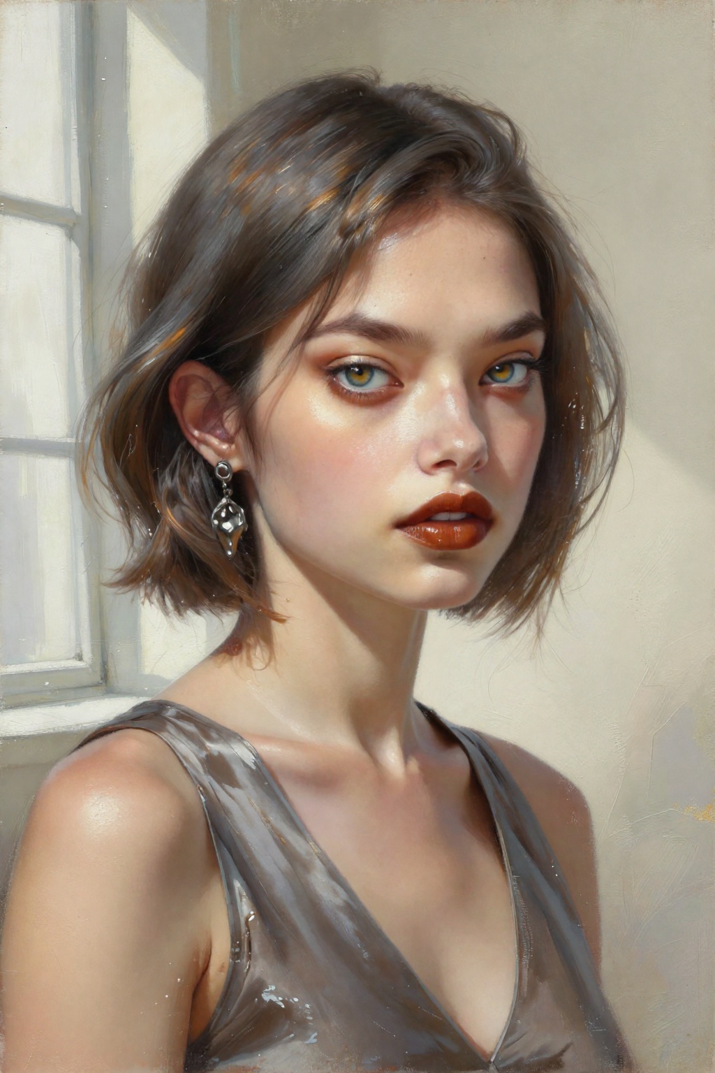 detailed gouache painting featuring a young woman,  2/3 angle,  focus on the face on Tensor.Art