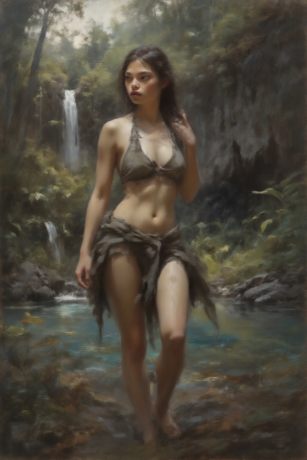 detailed gouache painting featuring a young woman wearing a halter top and sarong,  dynamic pose,  natural grace on Tensor...