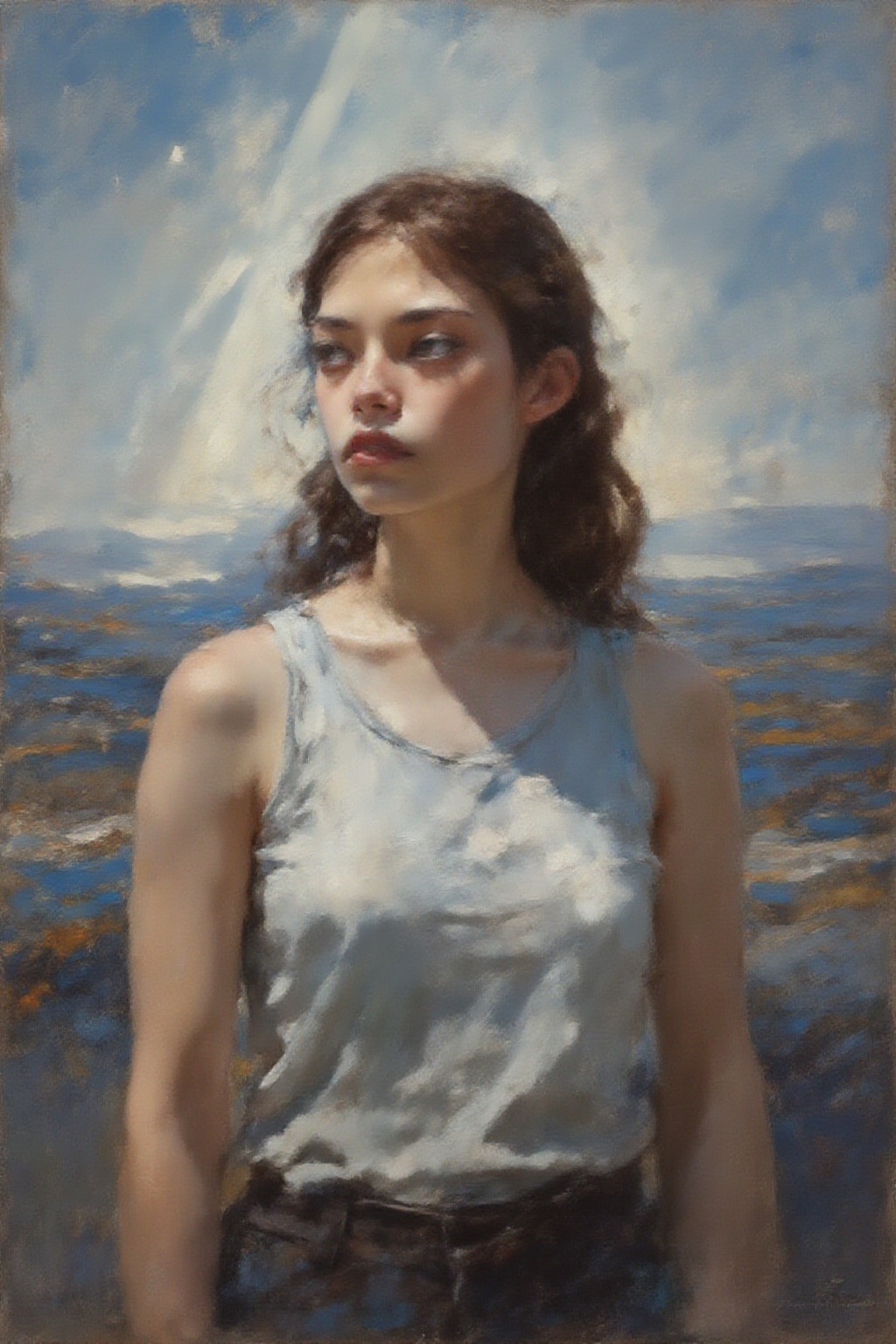 detailed gouache painting featuring a young woman,  2/3 angle,  focus on the face on Tensor.Art