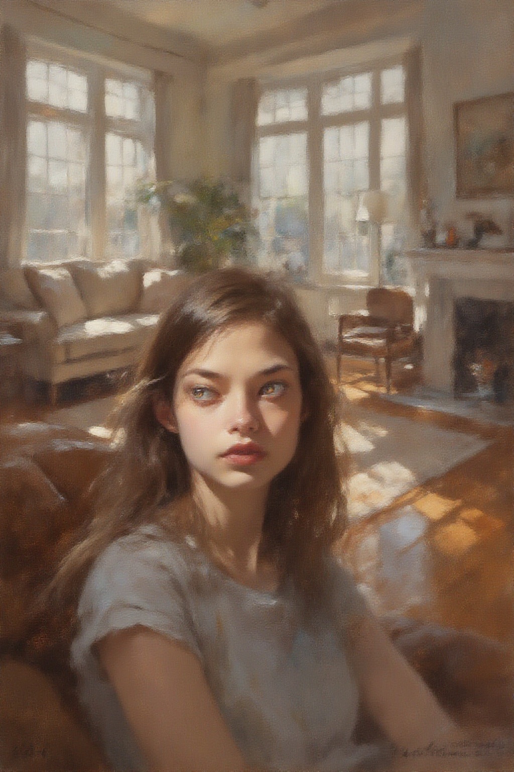 detailed gouache painting featuring a young woman relaxing in her focus on the face,  light falls across her eyes illumina...