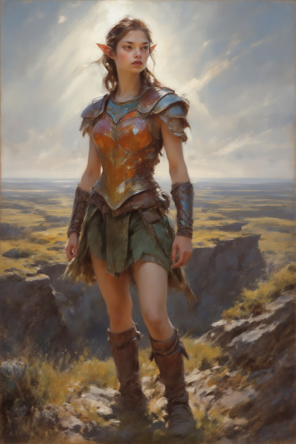 detailed gouache painting featuring a young female elf wearing a gladiator kilt,  standing on clifftop in steppes landscap...