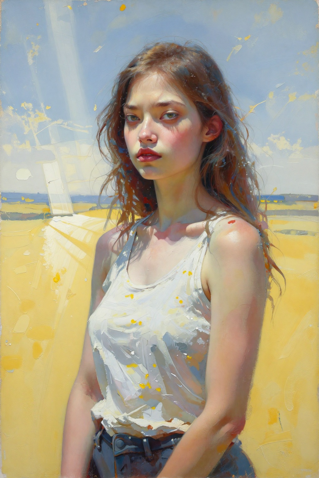 detailed gouache painting featuring a young woman,  2/3 angle,  focus on the face on Tensor.Art