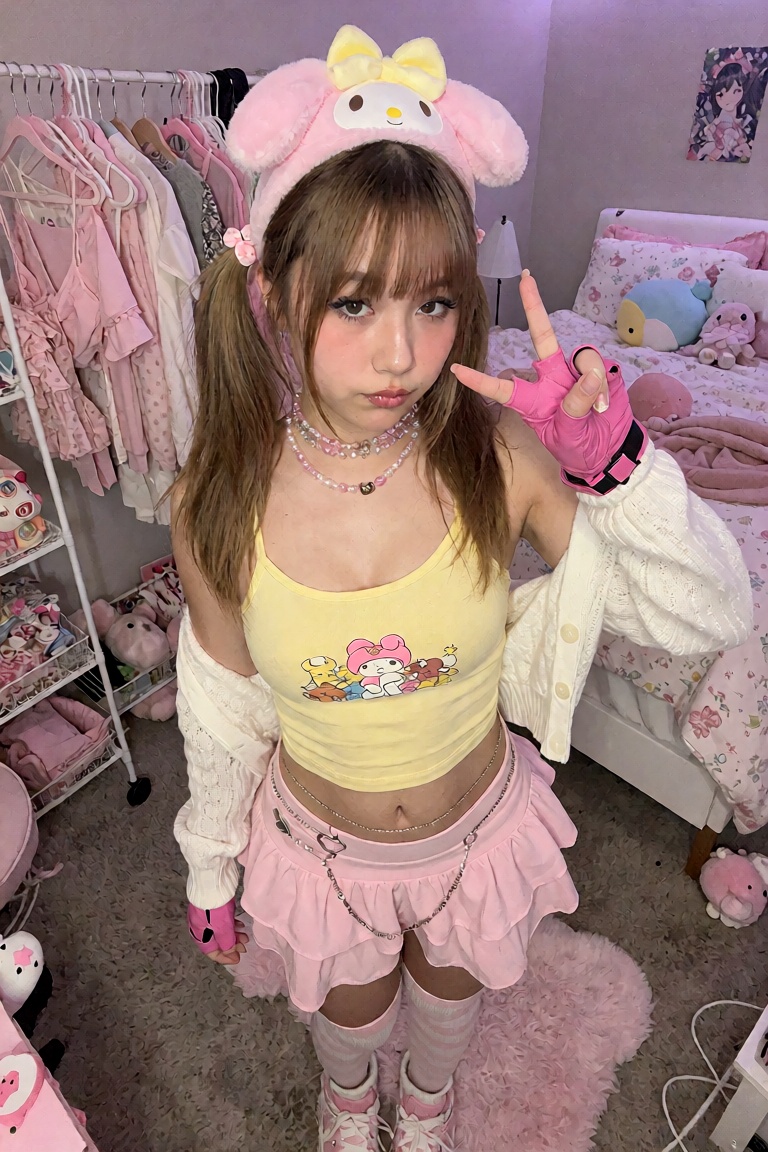 An ******* smartphone photography snapshot of a cute young East Asian woman posing playfully inside a pink kawaii bedroom....
