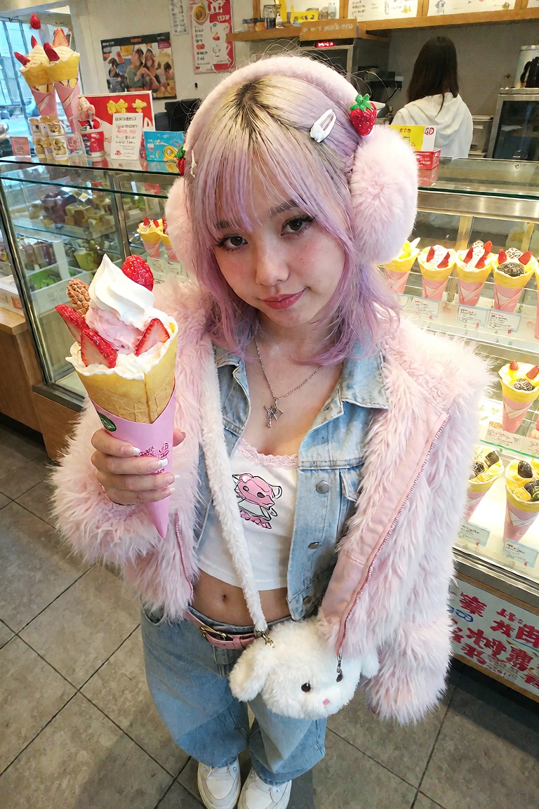 An ******* smartphone photography snapshot of a trendy young East Asian woman posing inside a bright Japanese crepe shop....
