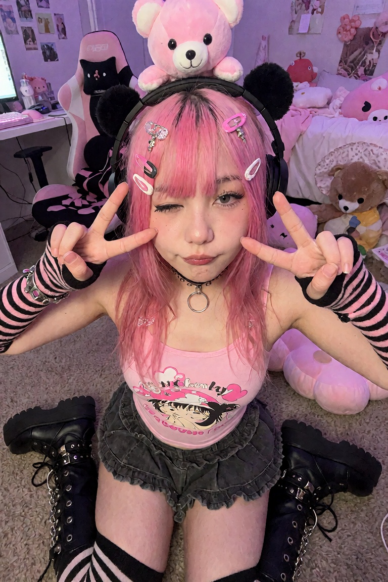 An ******* smartphone selfie-style photography snapshot of a cute young East Asian woman posing on the floor of her bedroo...