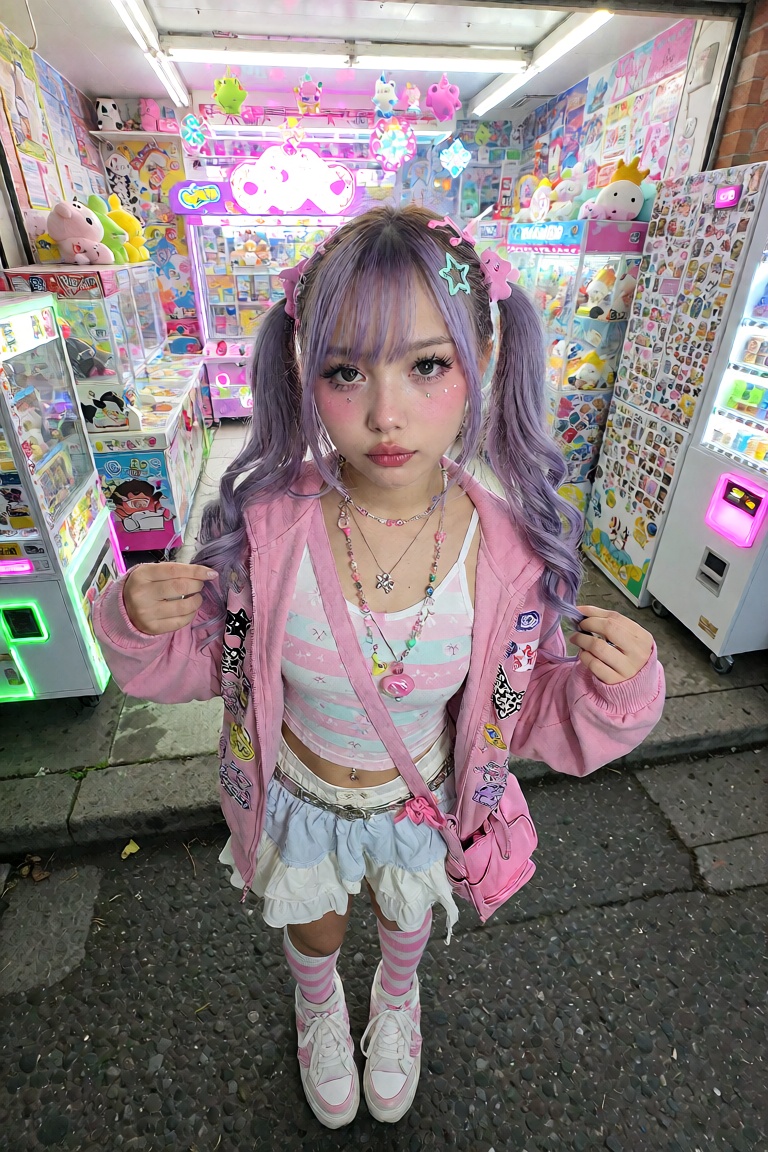 A playful Harajuku woman posing outside a colorful arcade. She has glossy pink lips,  oversized lashes,  pastel blush on T...