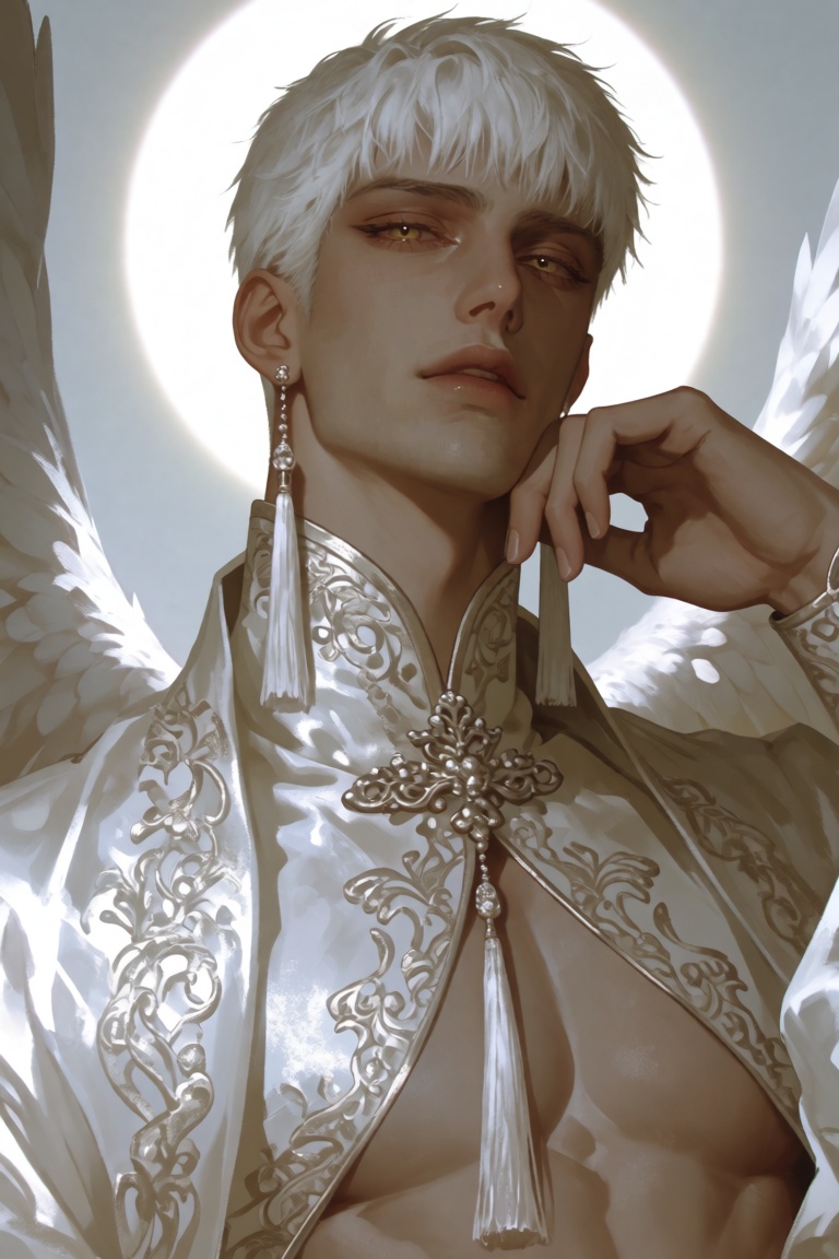 Create a portrait of a male angel with short hair and bangs,  his hair falling between his eyes. He has striking yellow ey...
