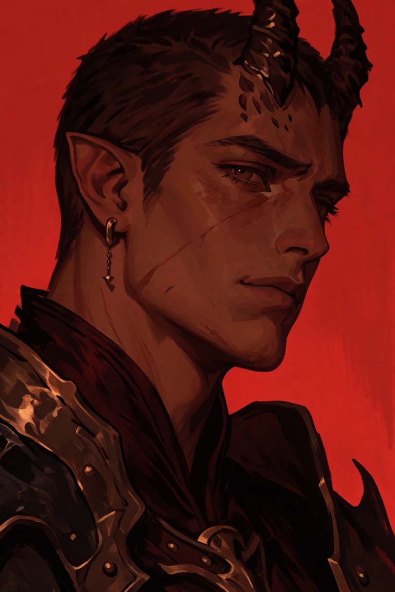 Create a portrait of a lone male focusing on his features with short hair and a simple background. Depict him with horns a...