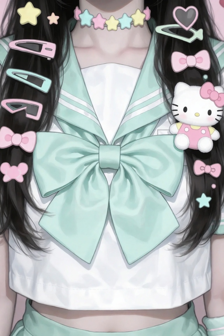 1boy,  wearing a cropped white sailor blouse with mint green striped collar is layered under a voluminous mint green bow,...