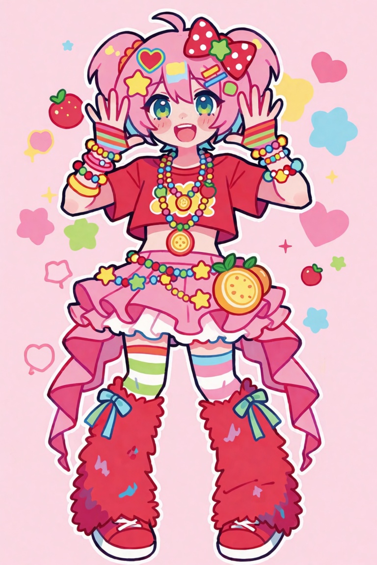 red crop top,  pink frilly skirt,  striped thigh highs on Tensor.Art