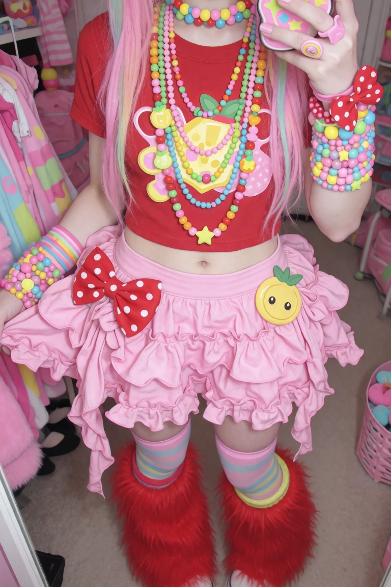 red crop top,  pink frilly skirt,  striped thigh highs on Tensor.Art