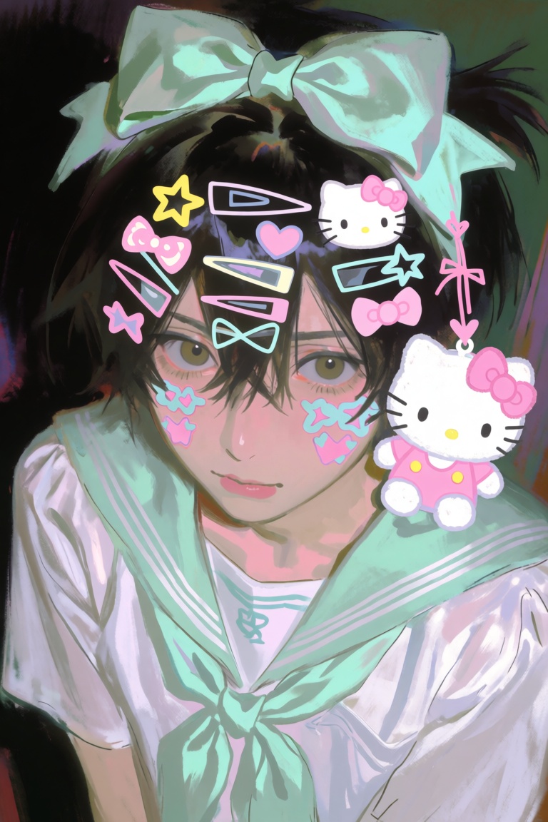 a portrait of a boy wearing a cropped white sailor blouse with mint green striped collar is layered under a voluminous min...