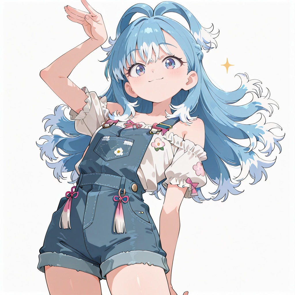 style anime illustration,  Denim shorts overalls,  one shoulder strap on Tensor.Art
