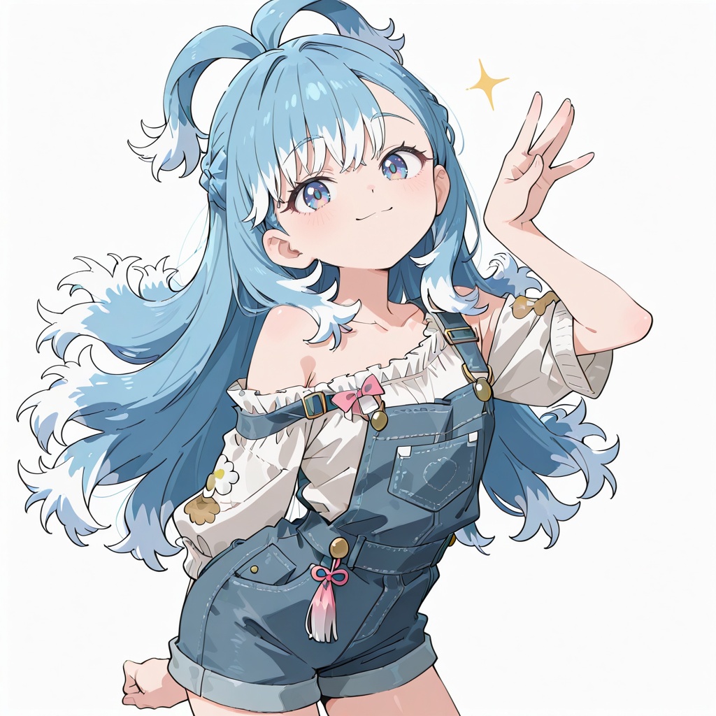 style anime illustration,  Denim shorts overalls,  one shoulder strap on Tensor.Art