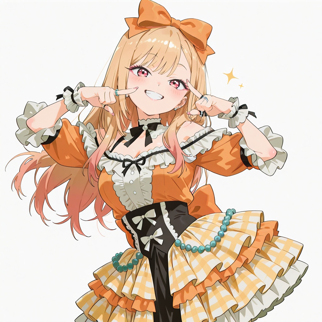 style anime illustration,  orange and white harajuku lolita suit,  lace Expanding off-shoulder crop top on Tensor.Art
