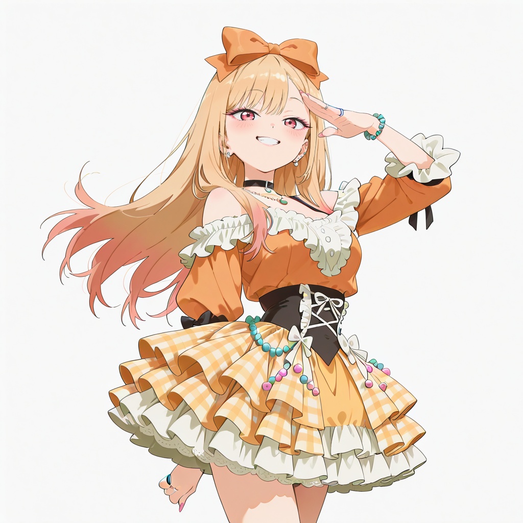 style anime illustration,  orange and white harajuku lolita suit,  lace Expanding off-shoulder crop top on Tensor.Art