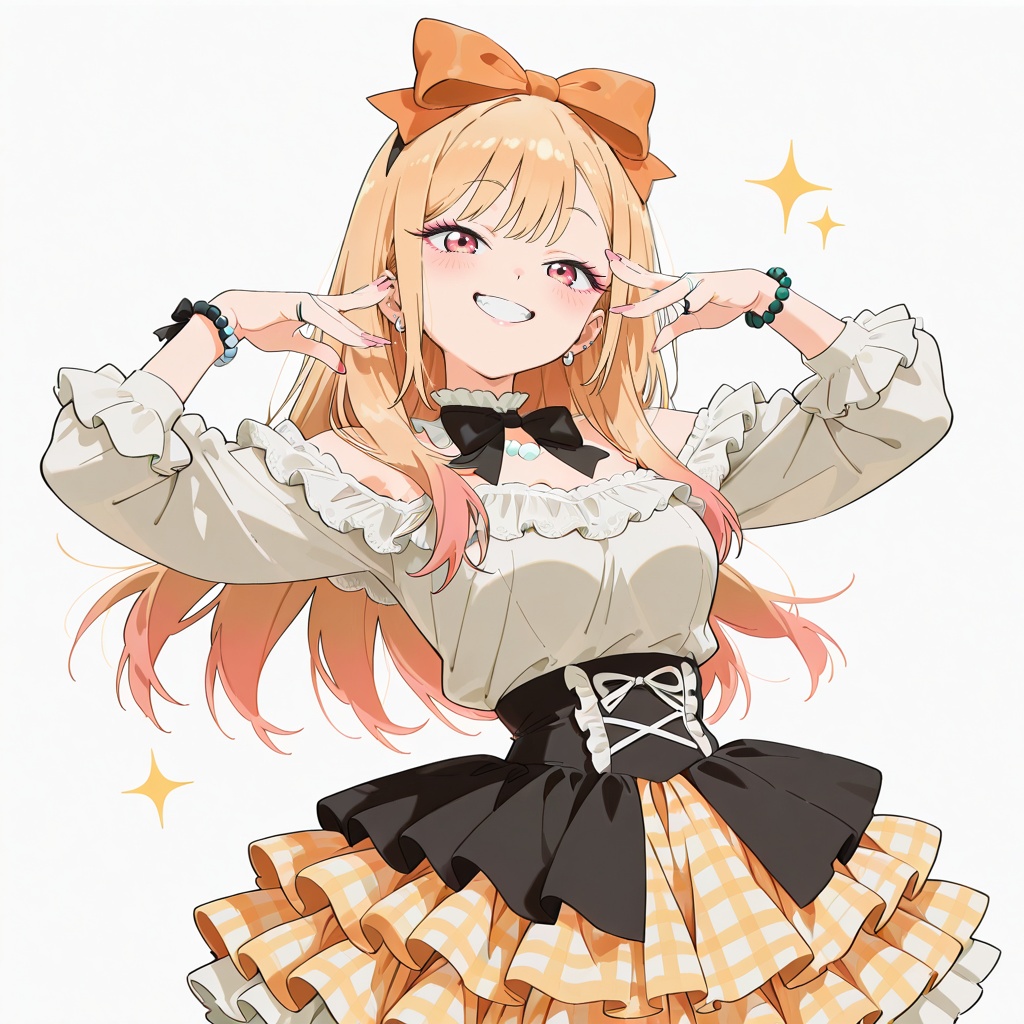 style anime illustration,  orange and white harajuku lolita suit,  lace Expanding off-shoulder crop top on Tensor.Art