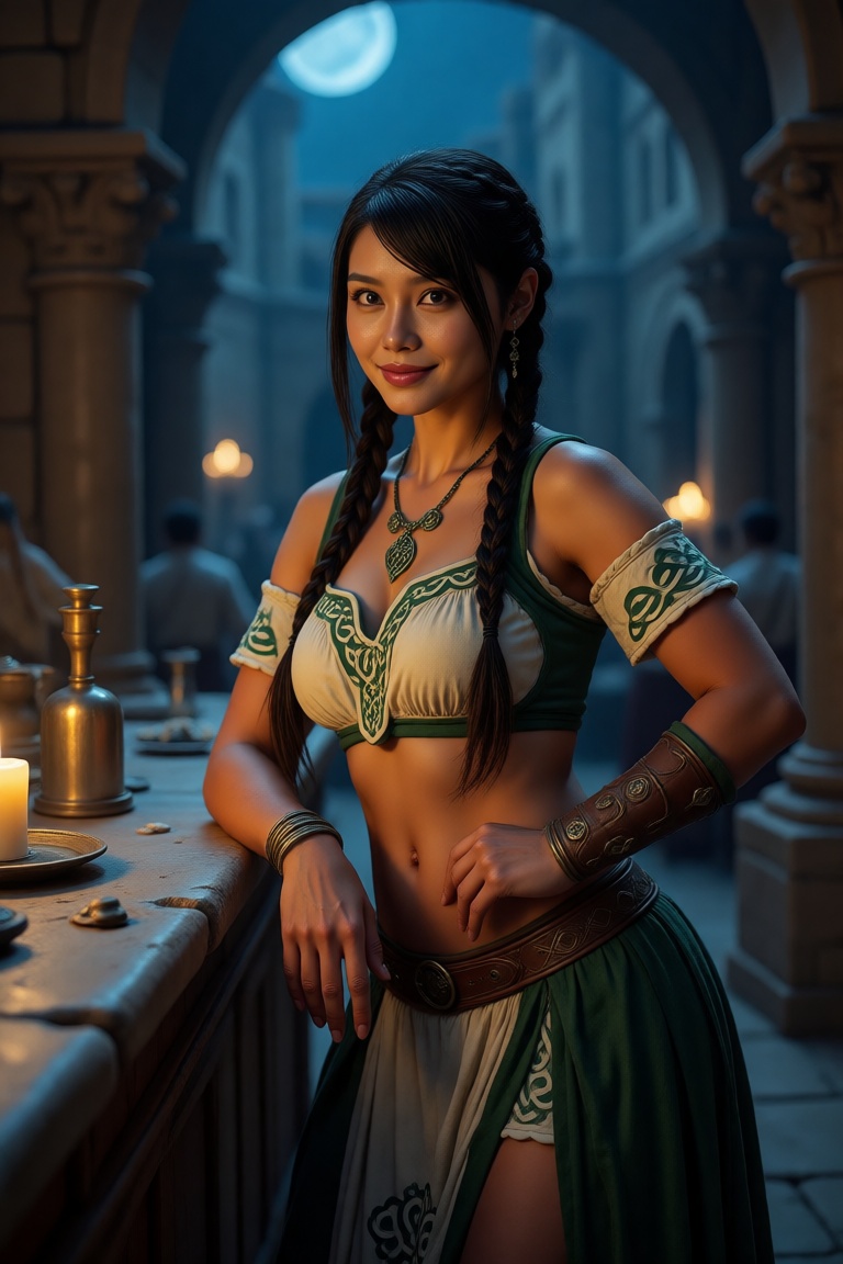 A detailed fantasy photo,  dappled cinematic lighting filtering through,  casting warm light and soft volumetric shadows o...