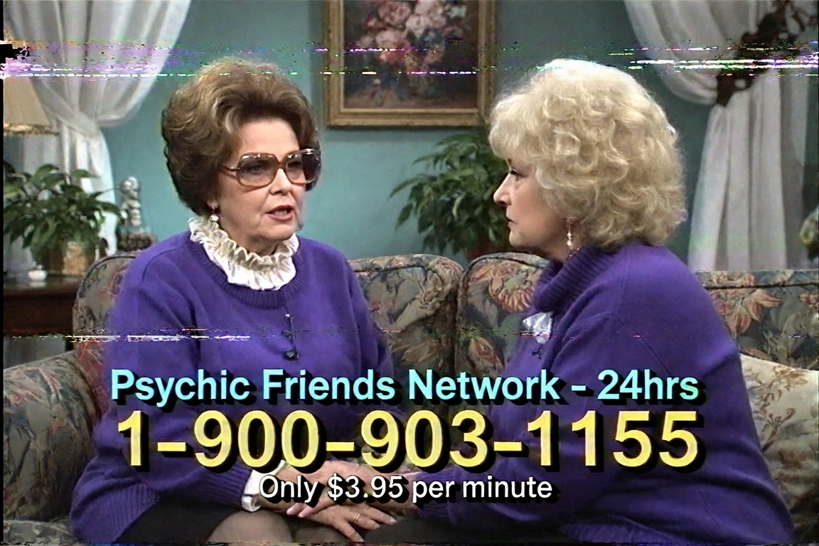 A 1990s Psychic Friends Network TV infomercial recorded off a degraded VHS tape,  4:3 aspect ratio. Two older women in mat...