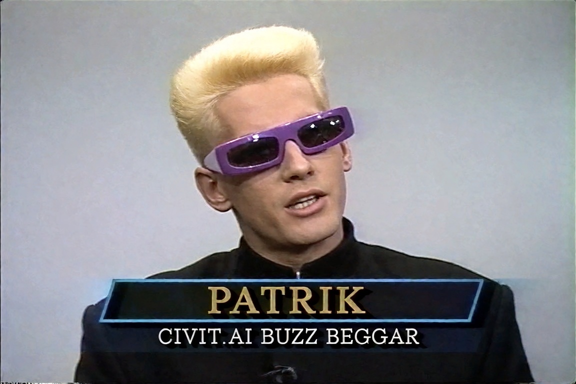 A vintage television broadcast screenshot features a man with vibrant bleached-blonde flat-top hair wearing futuristic pur...