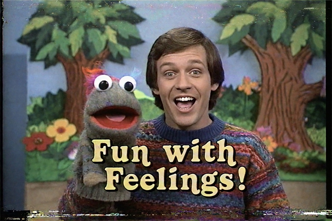 Still frame from a degraded VHS tape of a creepy 1980s educational show. A host with a fixed,  overly-enthusiastic smile a...