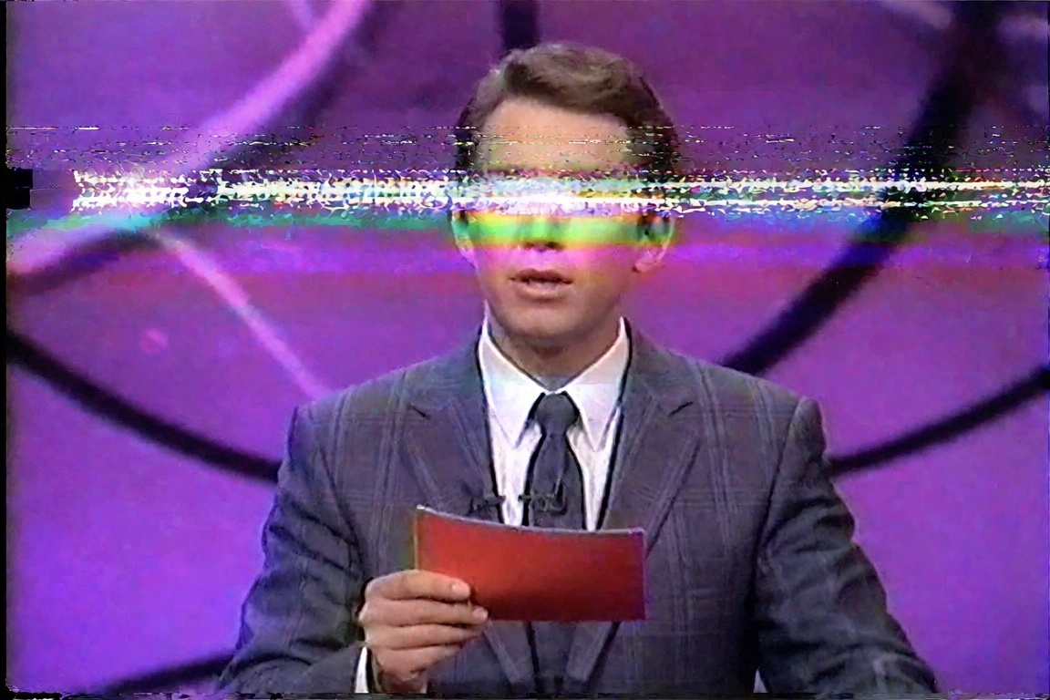 a game show host in a suit holds a red card against a vibrant purple set,  his eyes completely obscured by a severe horizo...