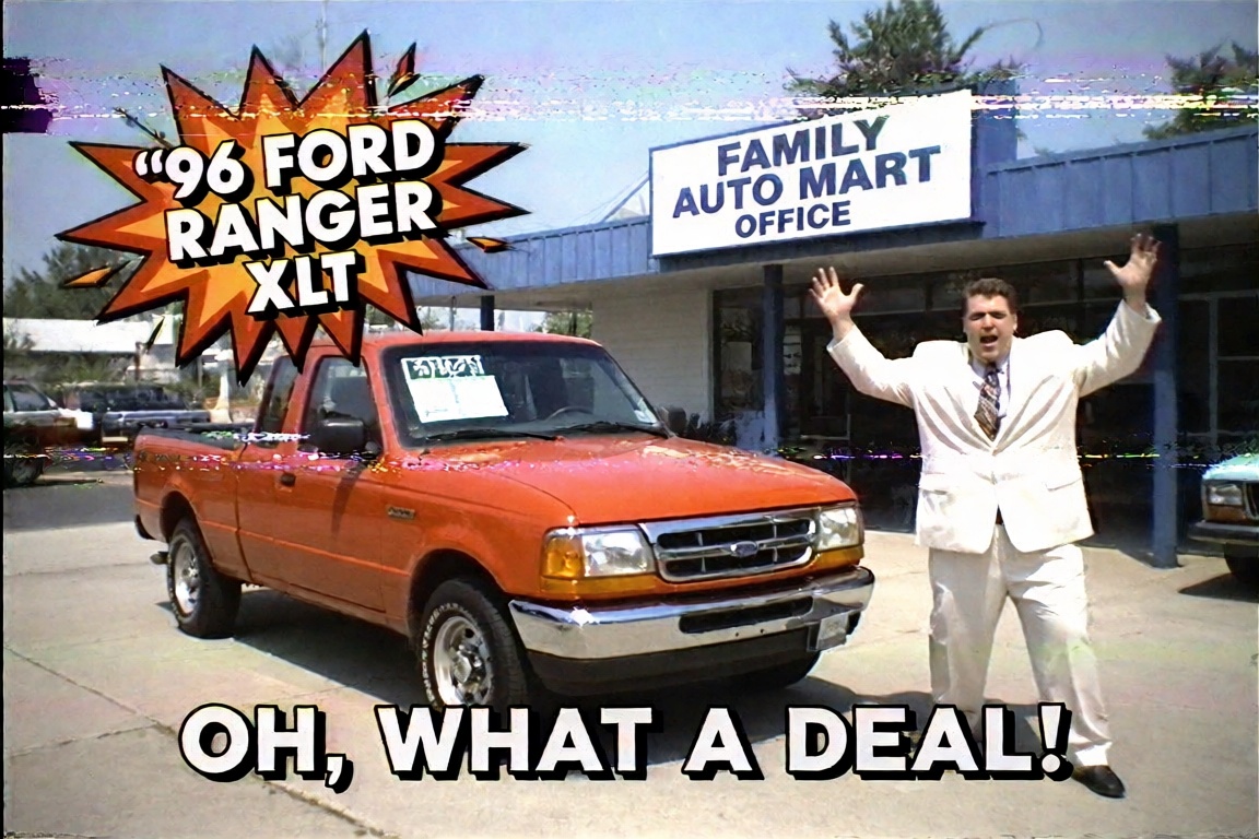 A cheesy mid-1990s local-TV used-car dealership commercial recorded off a degraded VHS tape. An orange-red 1996 Ford Range...