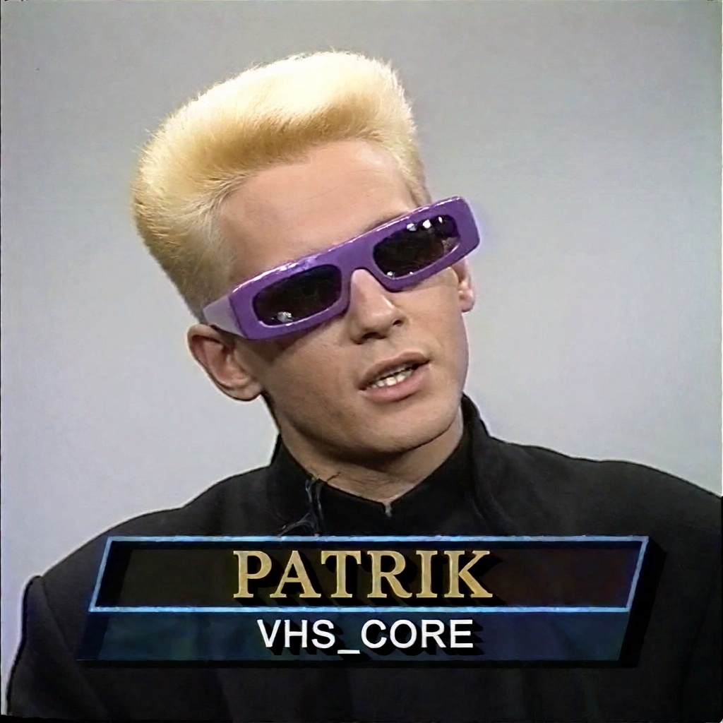 A vintage television broadcast screenshot features a man with vibrant bleached-blonde flat-top hair wearing futuristic pur...