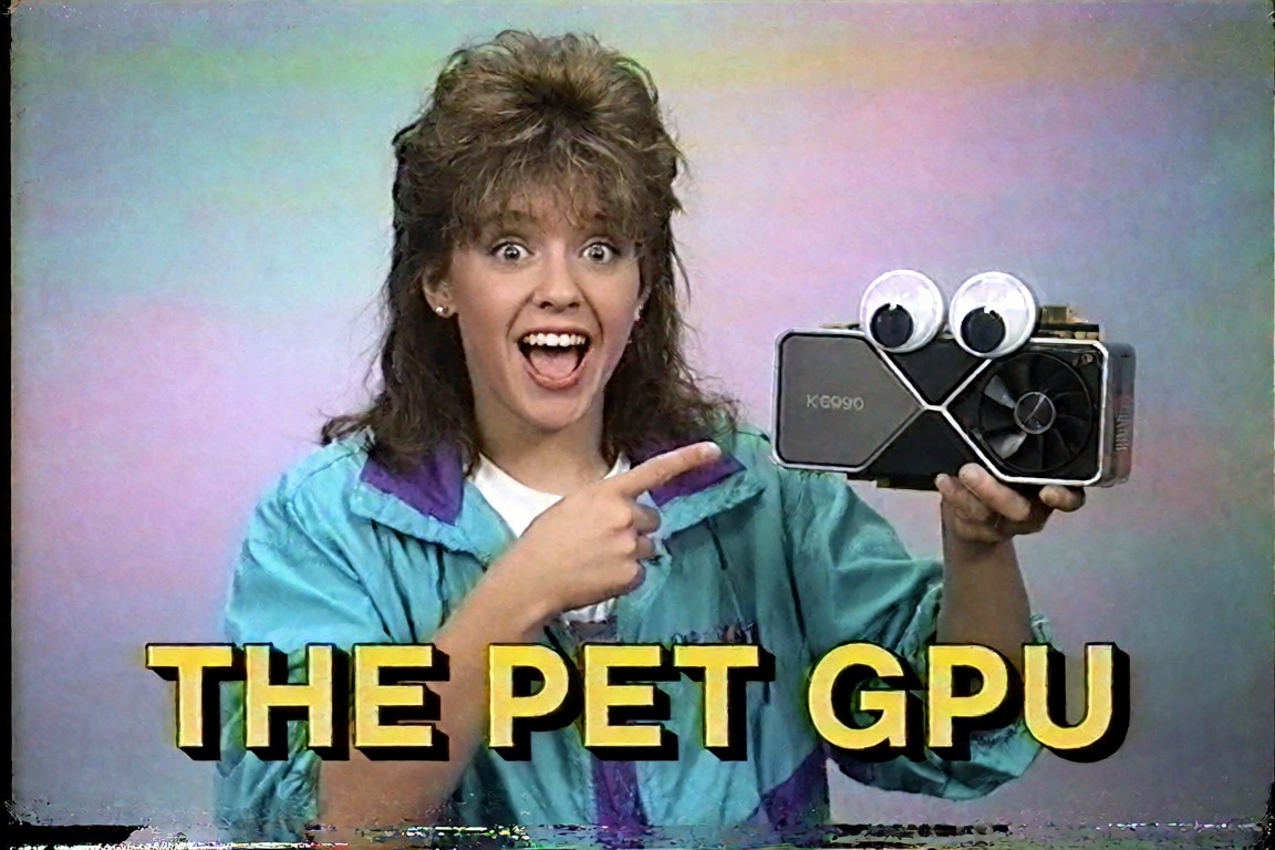 A 1990s VHS screenshot of a cheesy late-night infomercial. A saleswoman with a big mullet hairstyle and a bright teal wind...