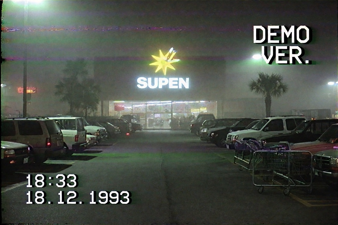 A vintage VHS-style photograph captures a foggy parking lot outside a retail superstore at night. In the background,  an i...