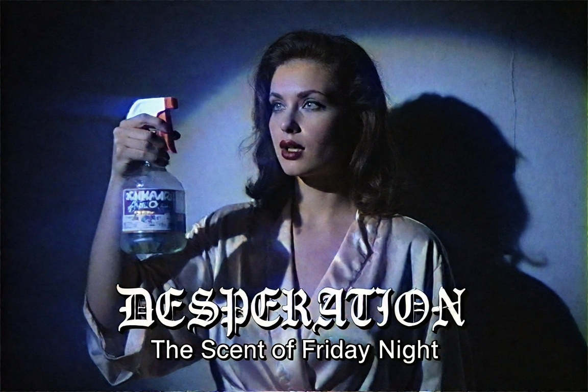 1990s VHS footage. A gorgeous woman with dark lipstick and a silk robe holding a cheap plastic spray bottle like it is a m...