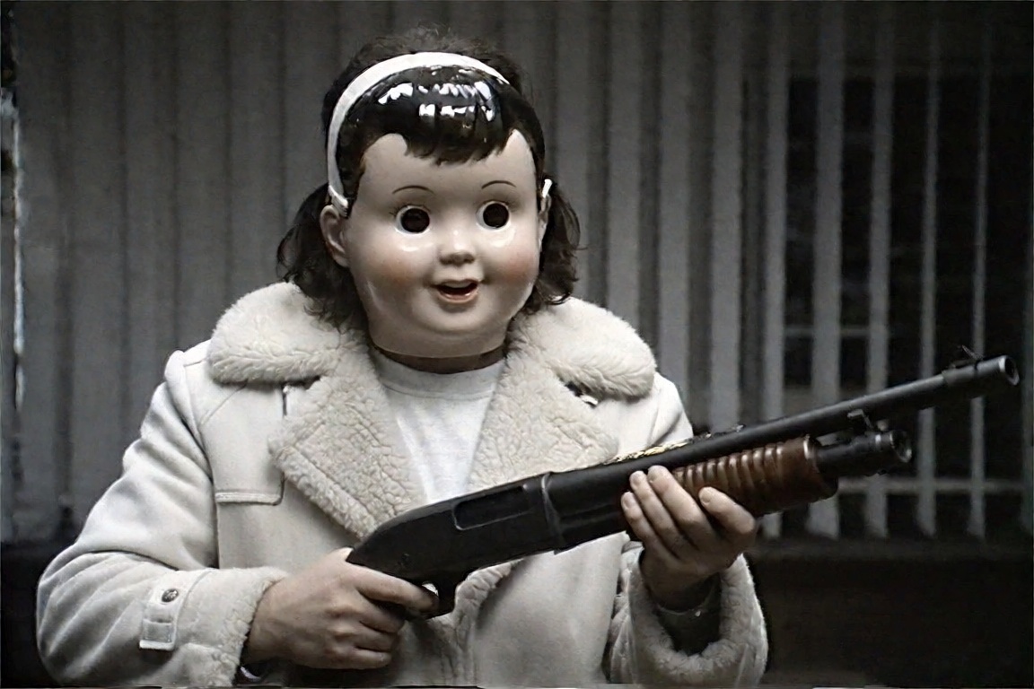 A person wearing a rigid plastic mask shaped like a smiling female doll's face stands holding a dark pump-action shotgun....