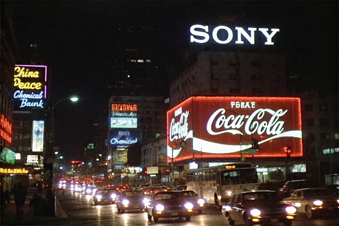 A vintage urban night view captures a busy city street filled with traffic beneath a dark sky illuminated by vibrant neon...