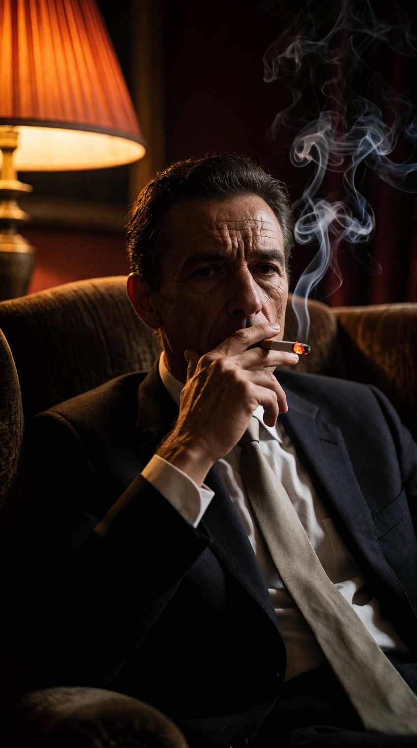 A middle-aged man with deeply lined skin sits in a dark,  plush armchair,  wearing a dark suit on Tensor.Art