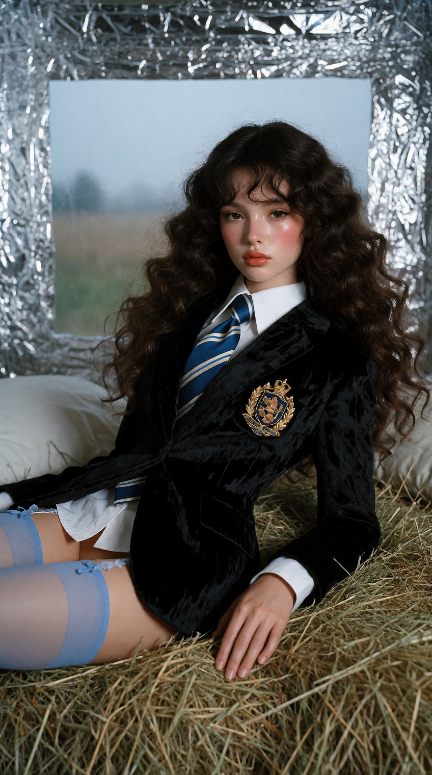 A high-fashion editorial medium shot of a doll-faced young woman with porcelain dewy skin,  heavily flushed rosy cheeks,...
