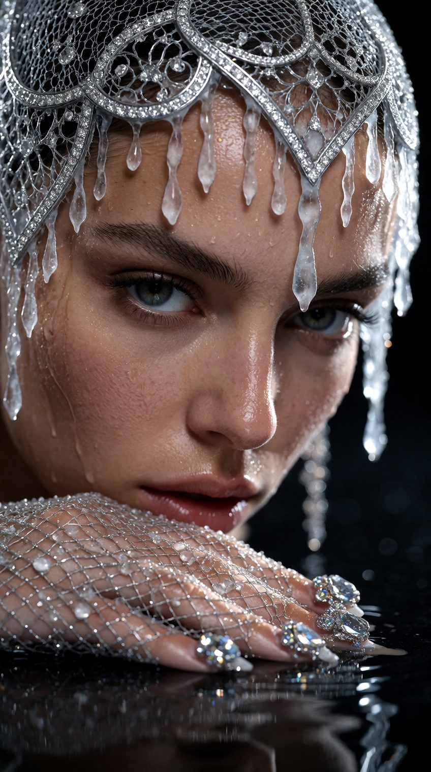 An extreme beauty-editorial macro portrait of a woman with glistening wet skin and sharp defined brows,  gazing intently f...