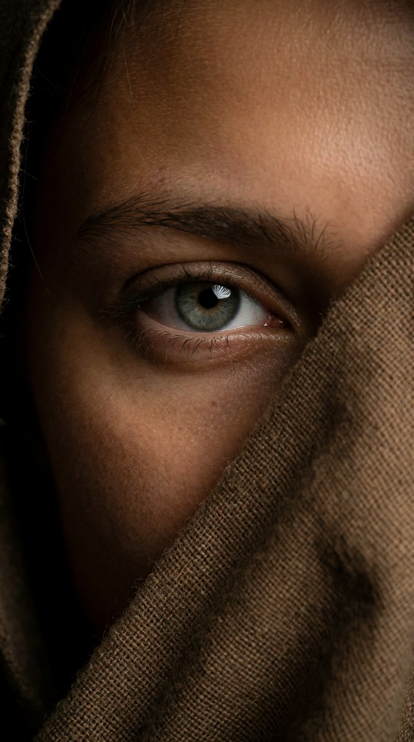 A close-up reveals a single human eye,  light gray or hazel,  intensely focused and partially veiled by coarse on Tensor.Art