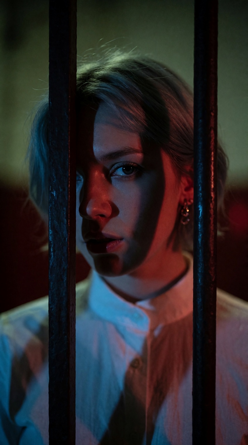 A person with short,  light-colored hair and a white high-collared shirt peers through dark vertical bars,  their face par...
