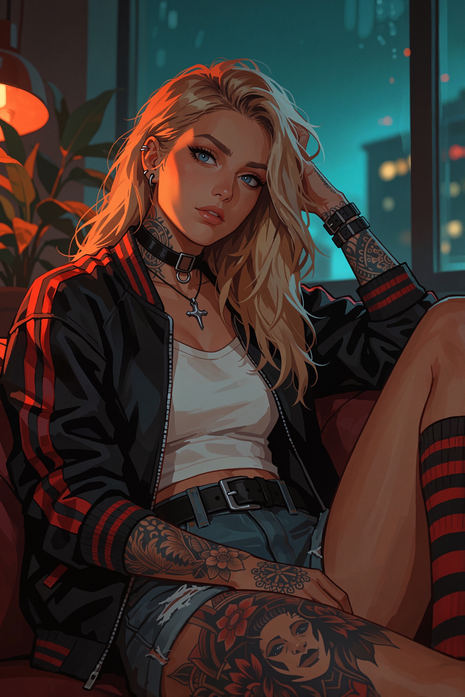 an illustration of a young woman with long blonde hair,  blue eyes,  and tattoos on Tensor.Art