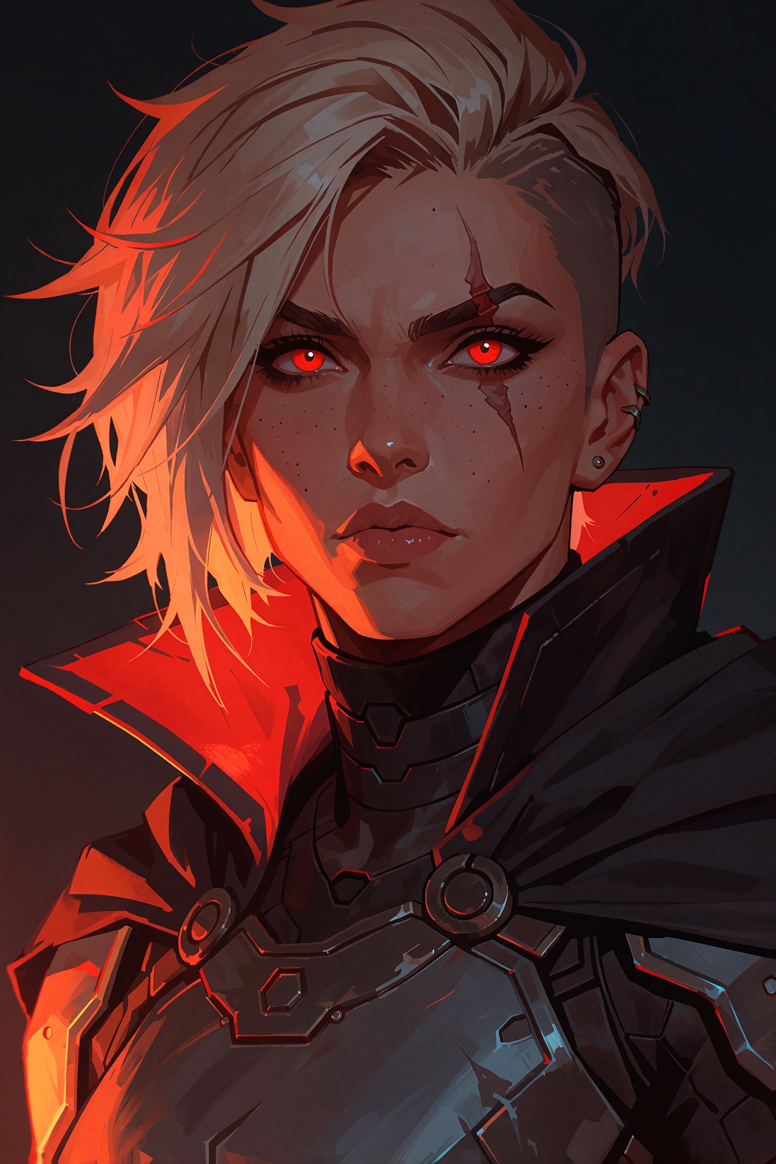 this artwork features a close up portrait of a woman with a defiant expression and an undercut hairstyle of light blonde h...
