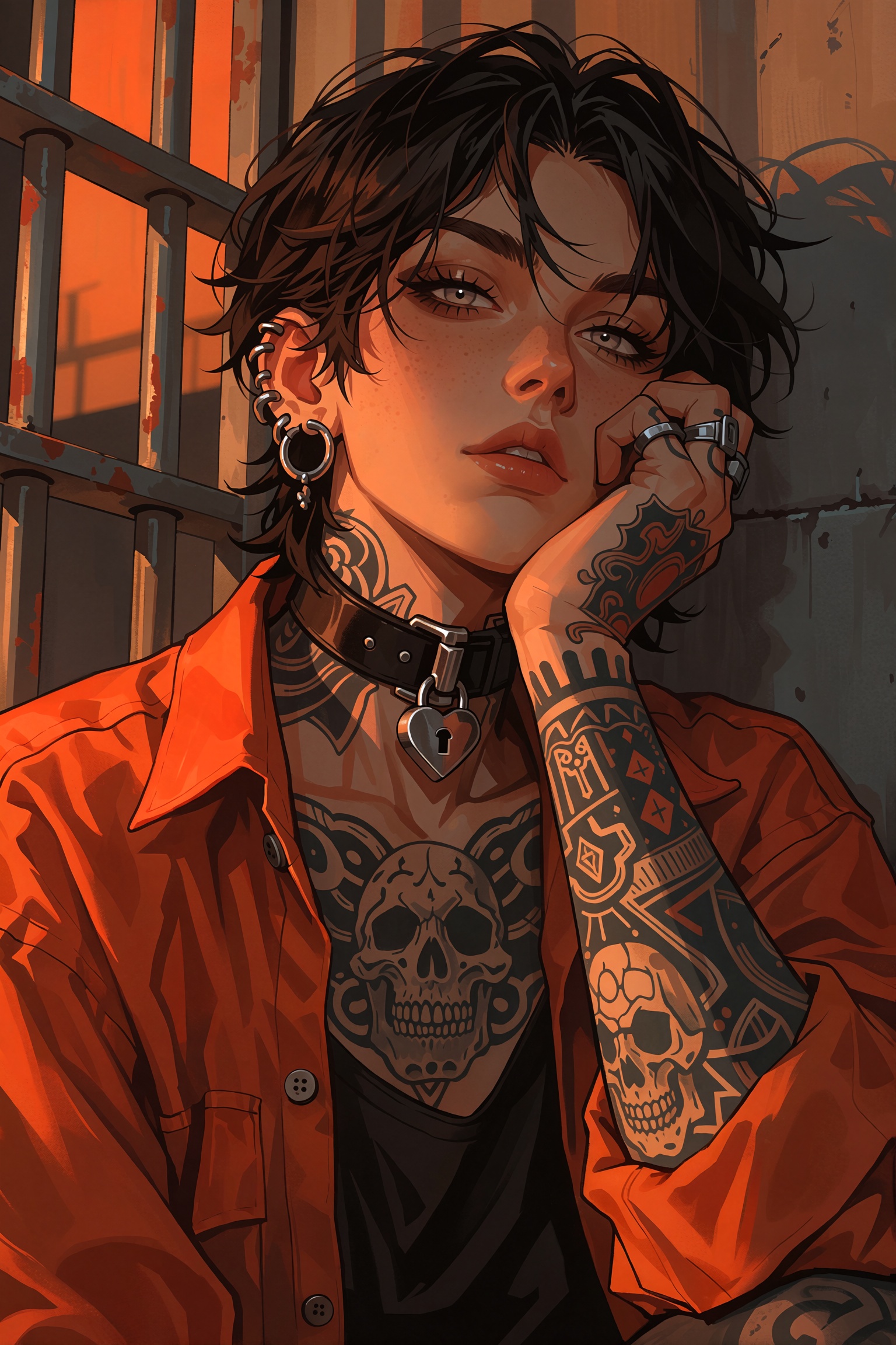a close up illustration of an edgy individual with short,  tousled dark hair posing with one hand to their face. the figur...