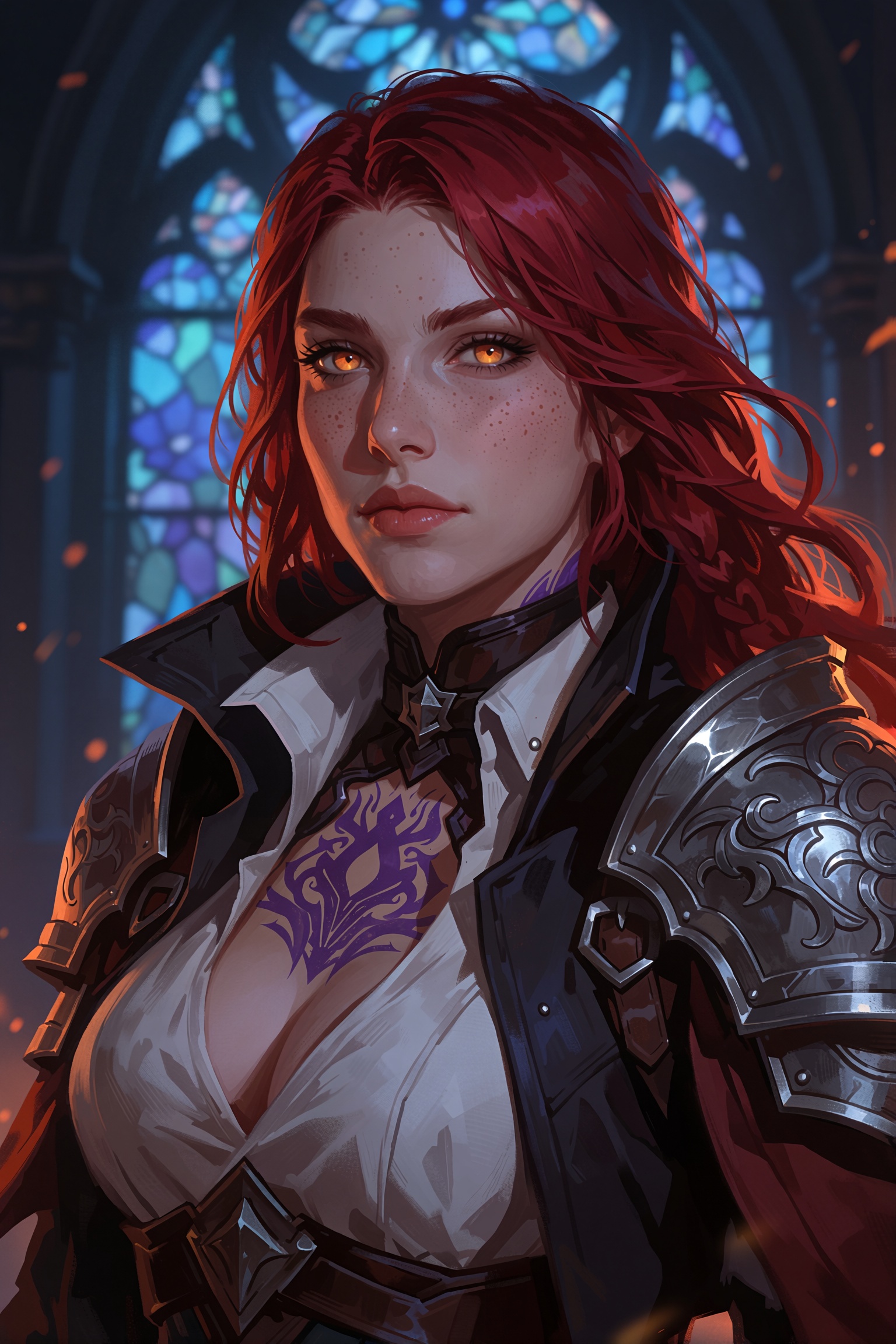 a fantasy portrait of a female warrior with long red hair and glowing amber eyes. her skin is fair with light freckles,  a...