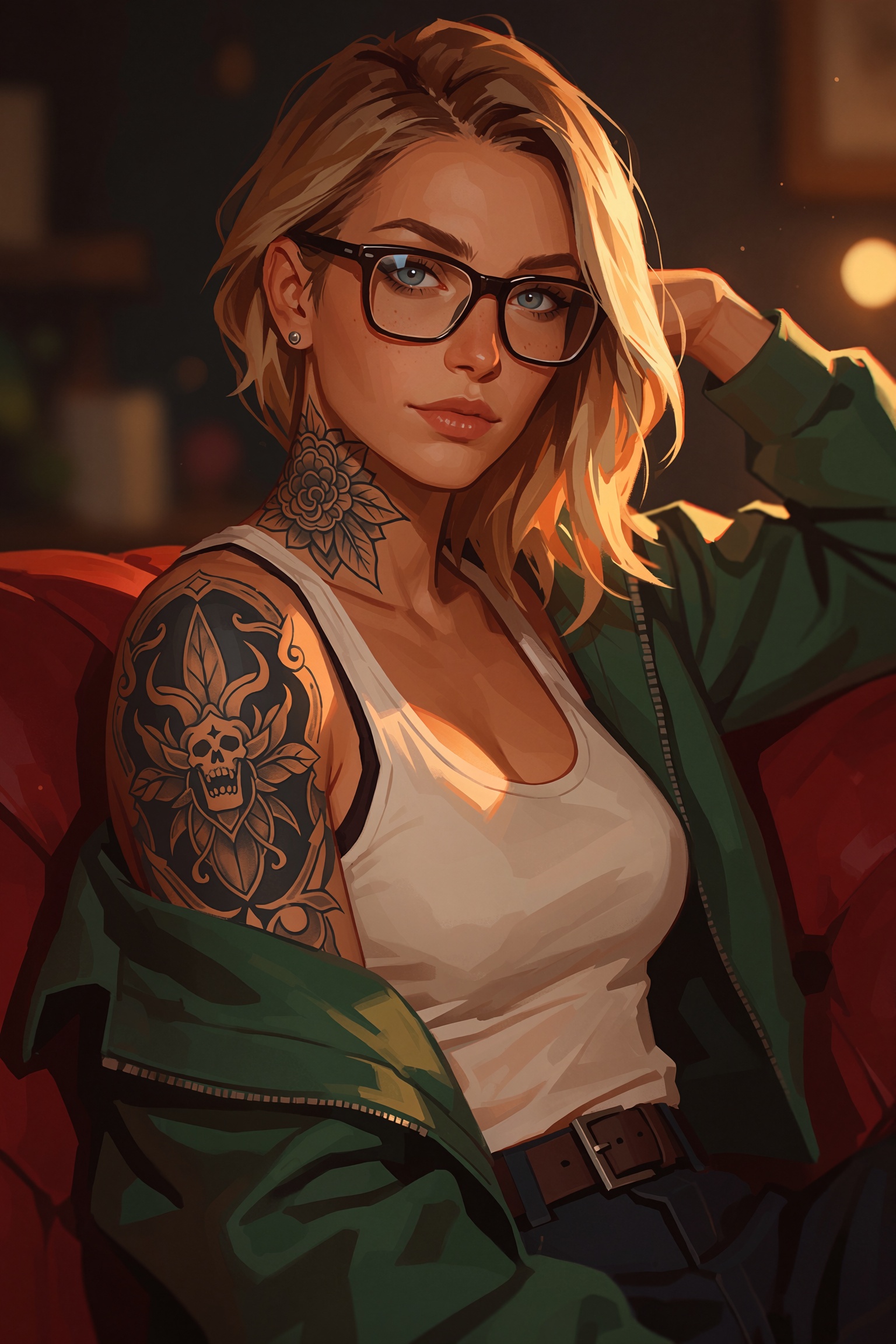 a digital artwork depicting a woman with blonde hair,  blue eyes,  and glasses on Tensor.Art
