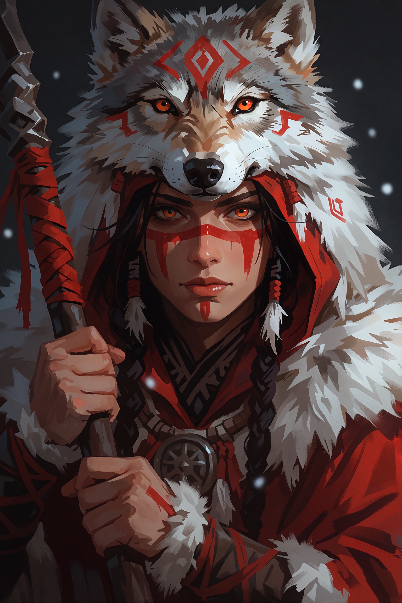 a character portrait of a female warrior clad in a wolf skin cowl. the woman has red war paint across her nose and eyes,...
