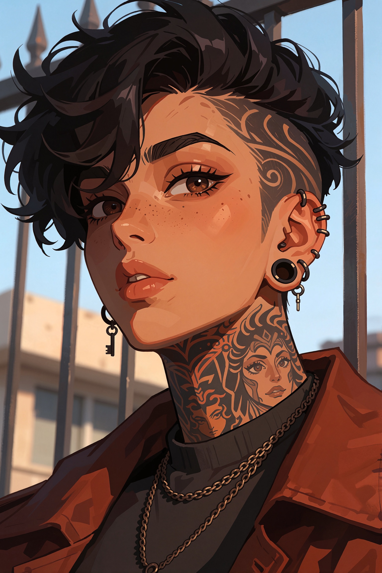 close up portrait in an anime art style of a young person with short black hair,  voluminous on top and shaved on the left...