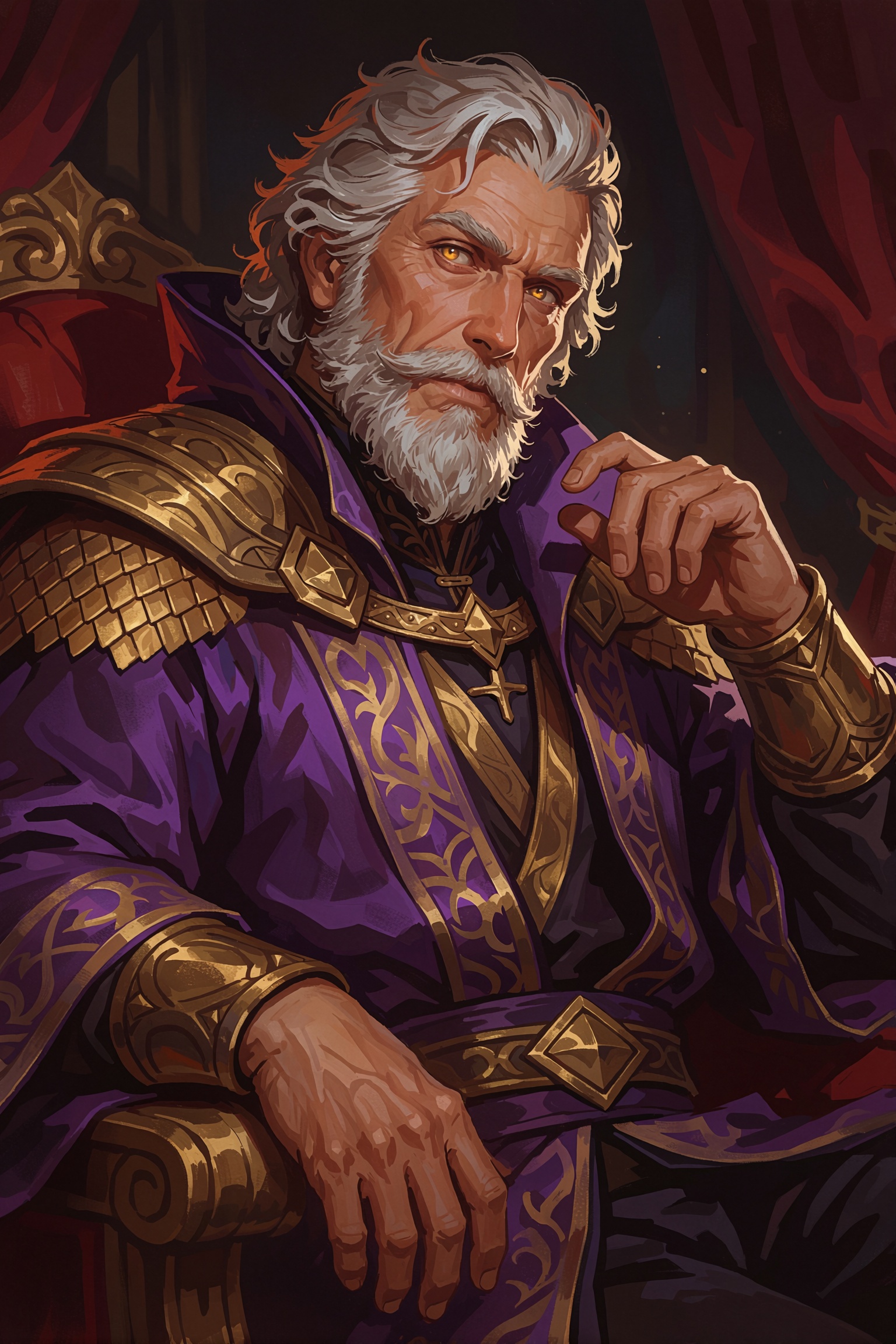 an artistic illustration of an older male fantasy character. he has silver hair,  a well groomed white beard,  and luminou...